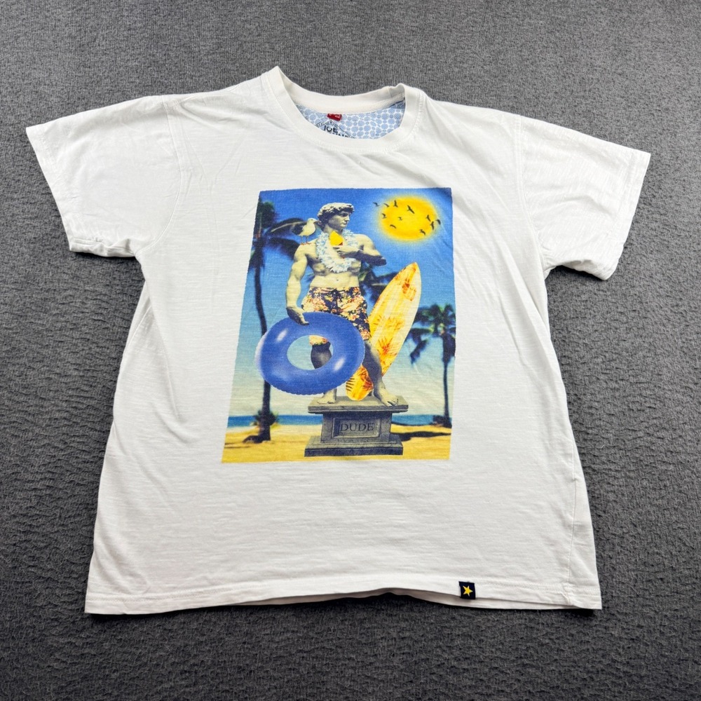 VTG Joe Browns White Graphic Tee‎ Men's S Dude Statue Beach Surf Tropical Cotton